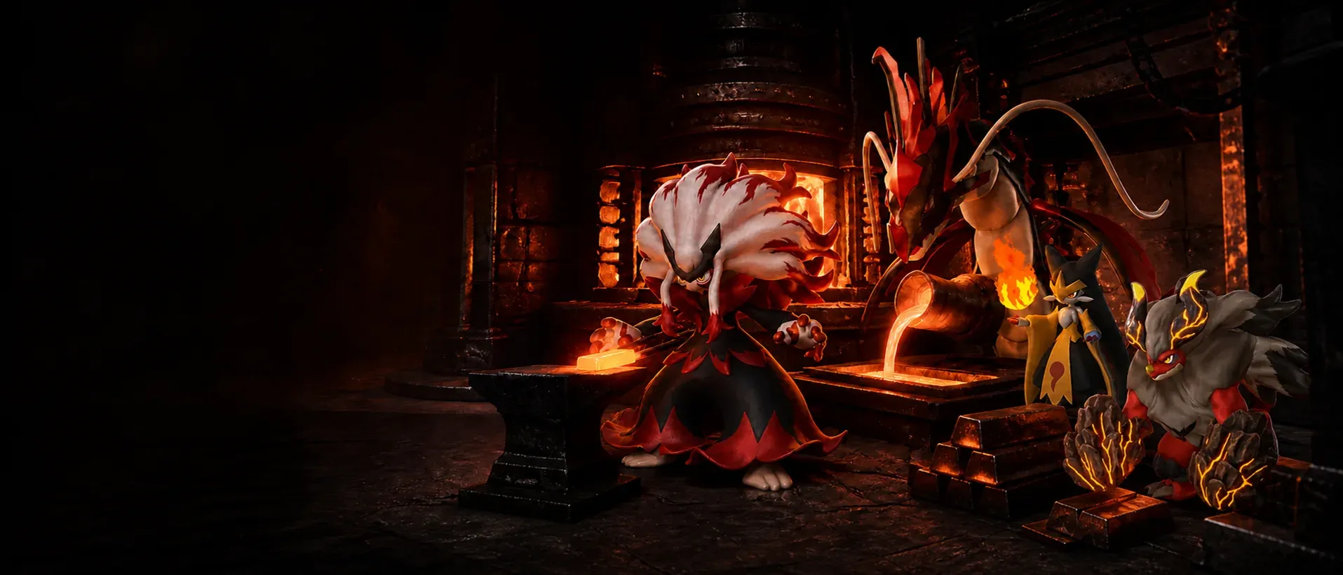 Palworld Kindling Pals working beside glowing furnaces