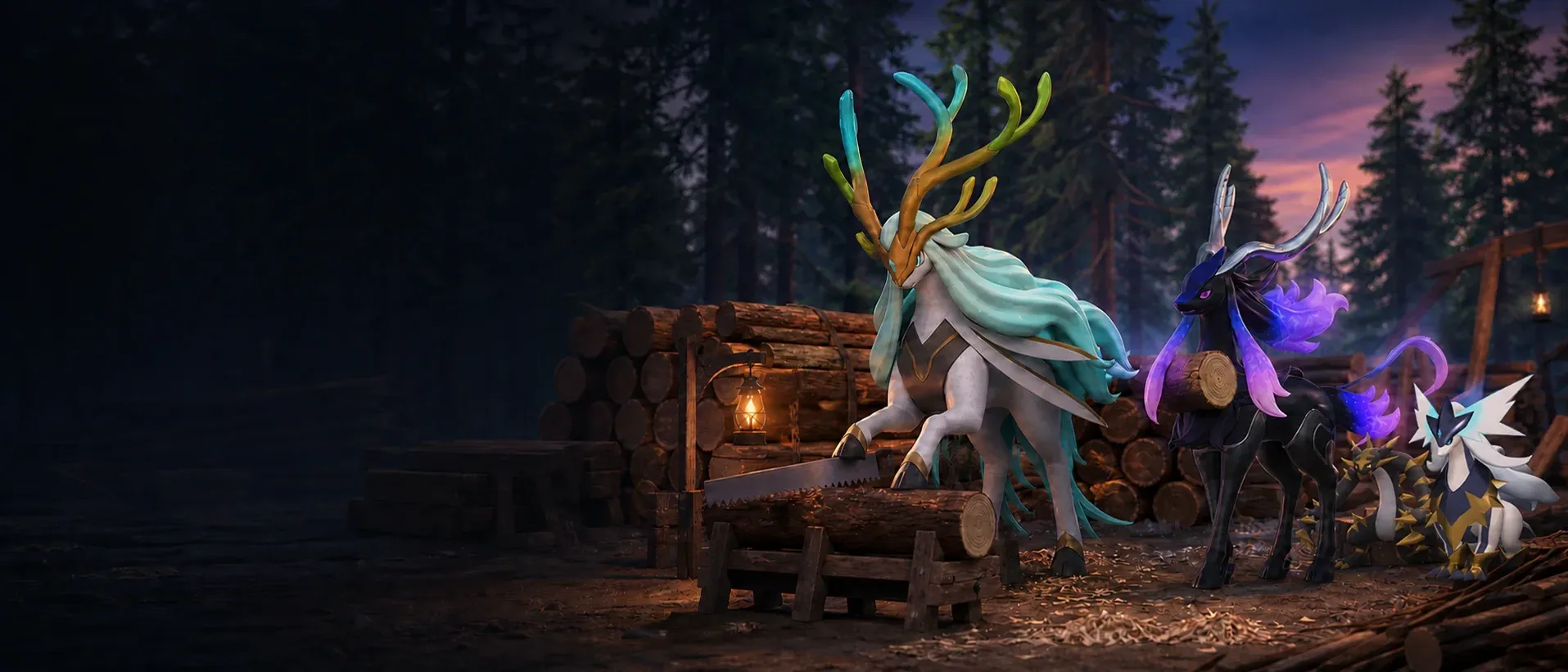 Palworld Lumbering Pals cutting timber in a forest base